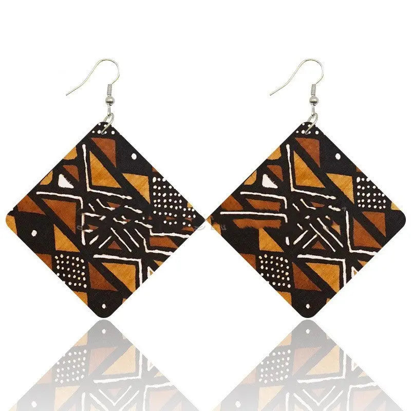 African Wooden Bohemian Square Earrings Funky African